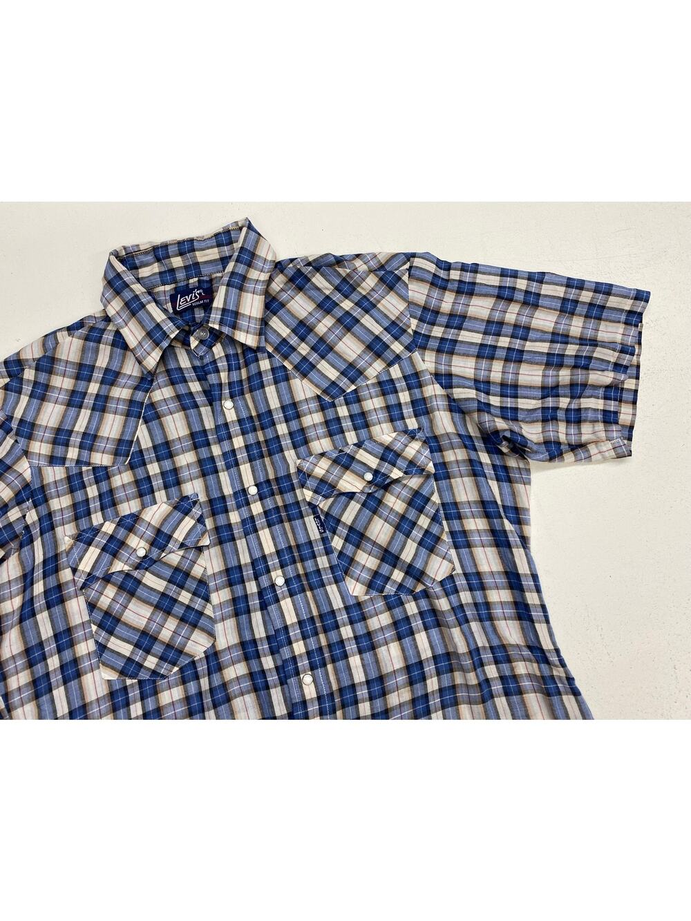VTG Men Levi's Western Regular Fit pearl snap plaid short sleeve shirt L